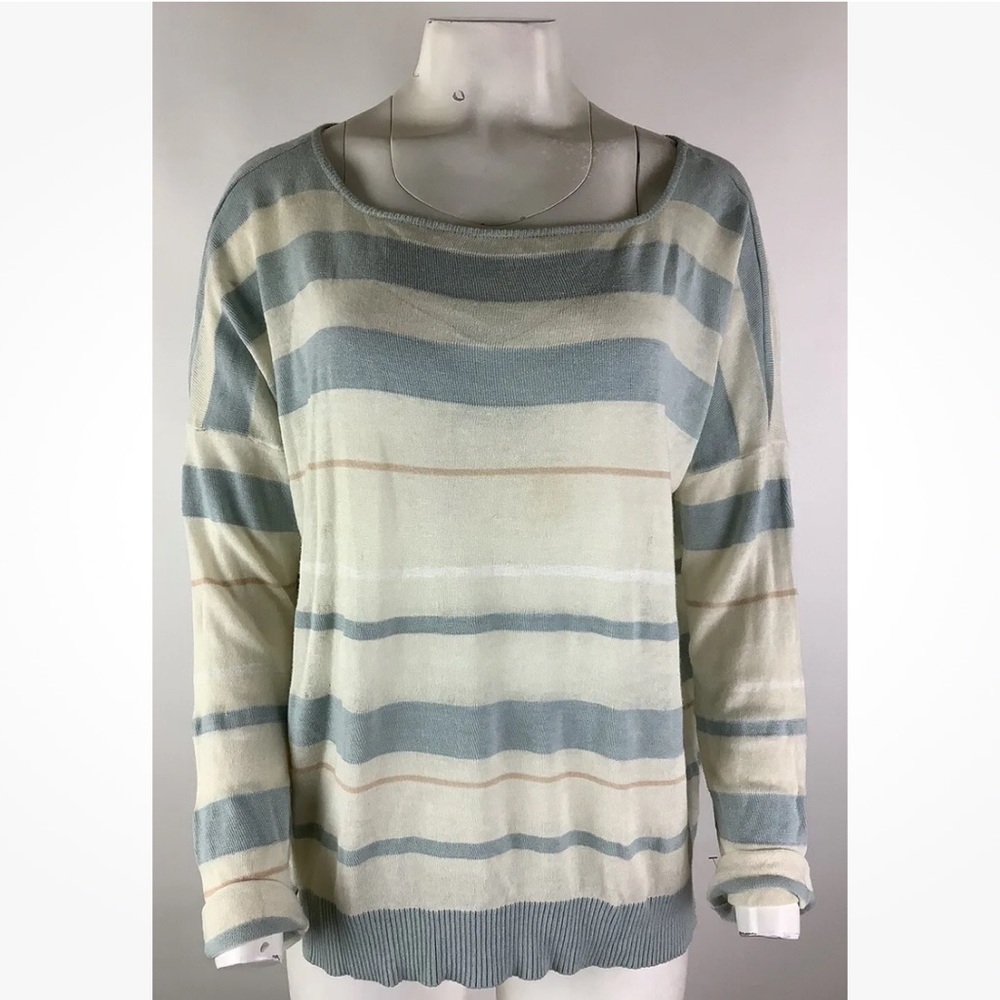 Anthropologie Sz M Chunky Striped Lightweight Sweater Cream Blue Cotton Linen
